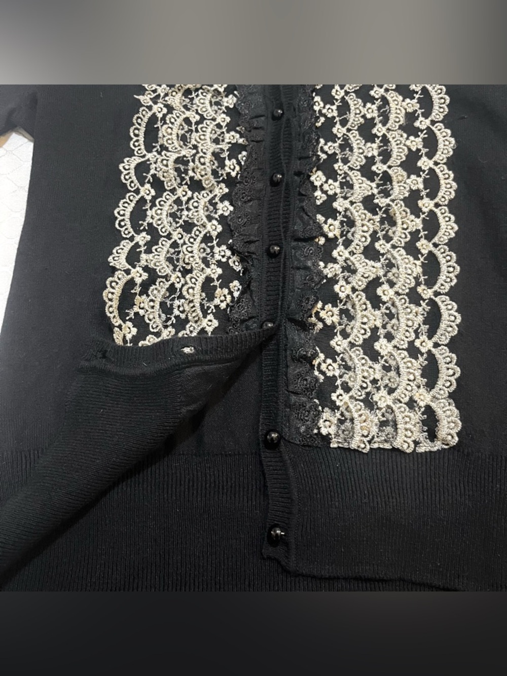 Y2K FOX Black & Gold Floral Frill Ruffle Lace Button Cardigan Limited Edition - Picture 9 of 14